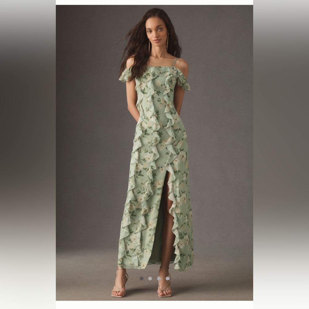 BHLDN Sage Green Floral Ruffle Maxi Dress